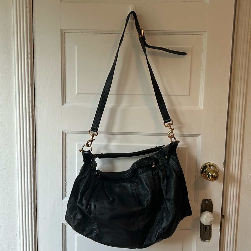 Large black shiny slouchy leather handbag. MS by Martine Sitbon